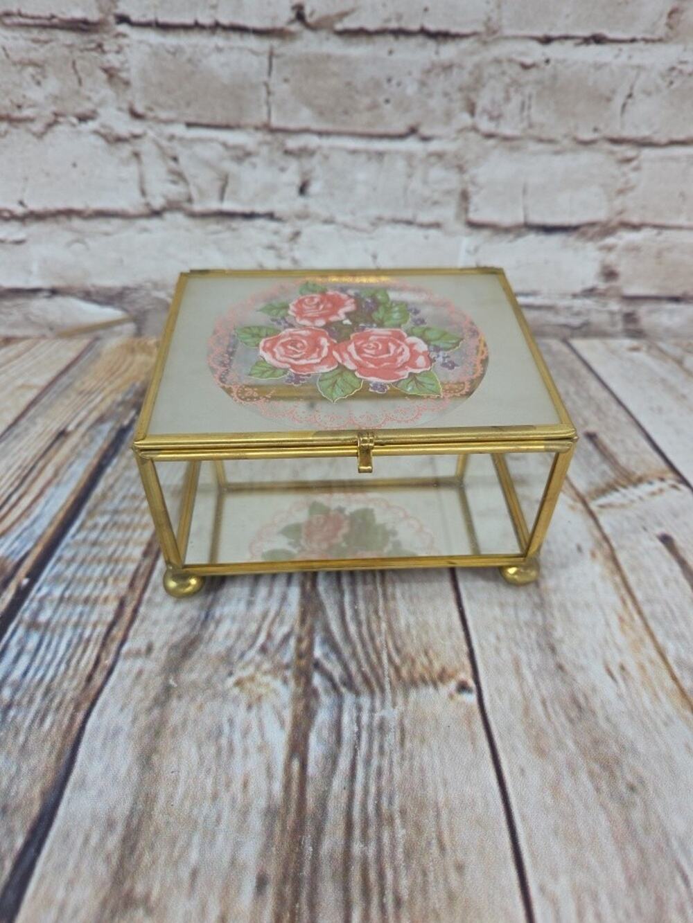 Vintage Roses Glass and Brass Jewelry Trinket Box